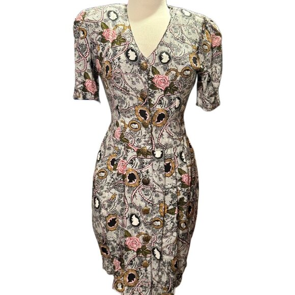 La Belle MSRP $187 V-Neck Floral Embroidered Dress Removable Shoulder Pads Small - Picture 1 of 8